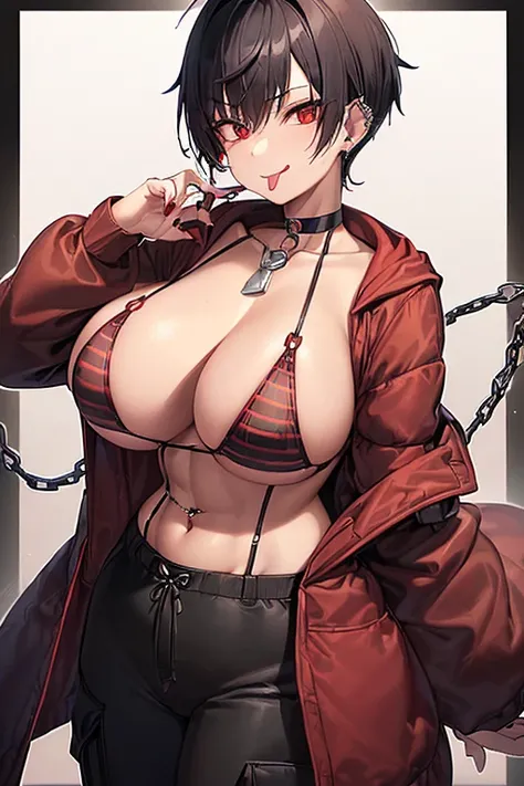 ((thin-waist、abdominals))、de pele branca、(((huge udder)))、((khaki hooded coat、Red and black horizontal striped shirt、short-hair、Black hair with red mesh、hair pin、Red cheeks、sticking out the tongue、a choker、piercings、Chain Necklace、Black Cargo Pants、Tomboy、...