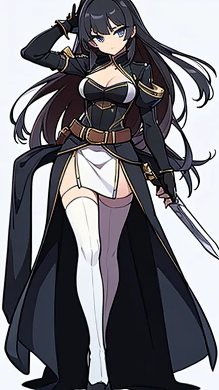 (((Best Quality))) , ((full body)), female, reference sheet, solo, (white background), holding sword, gloves, slit trench skirt, backless skirt, belt,