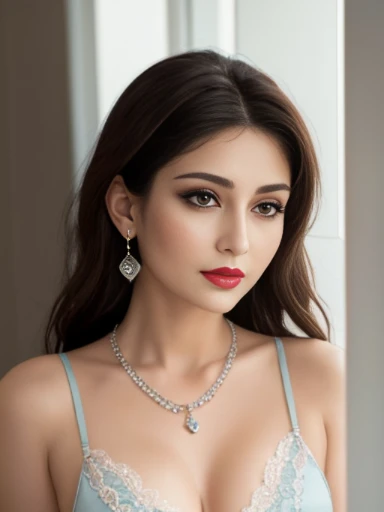 Lebanese lady, diamond dangling earrings, necklace, bracelets, small breasts, 40 years old, smokey eyes, cleavages, lace lingerie, cyan nightgown, red lips, innocent face,