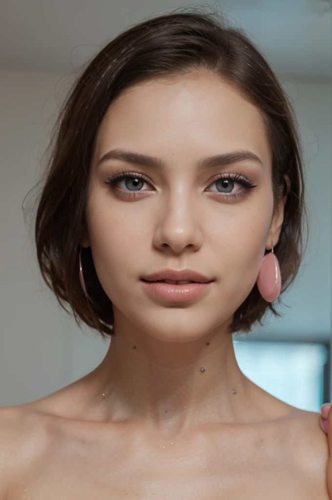 Short length hair cyberpunk pink colour, Bright Blue eye colour. Equal Face features intricate face detail. Black mascara eye make-up, pink vibrant eye shadow, eye lash extensions. Sharp focus, soft light, best quality, realistic photo. Perfect petite slim...