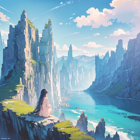 ({{highres,}},masterpiece,ultra-detailed,best quality,8k)cloud, sky, scenery, day, blue_sky, mountain, cloudy_sky, outdoors, waterfall, fantasy, horizon, cliff, rock, water, landscape, mountainous_horizon, ocean, tree, river, floating_island, naked girl