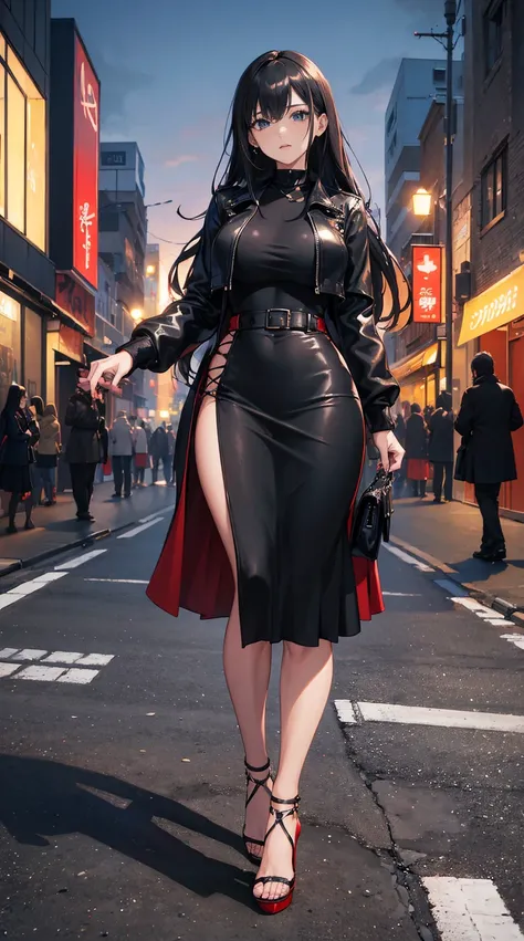 ((masterpiece, high resolution, best quality, best details, anime)), a mature woman standing on the street, black leather jacket, (open jacket), black stocking, pumps platform high heels, ((long skirt)), black skirt, ((red blouse)), long hair, black hair, ...