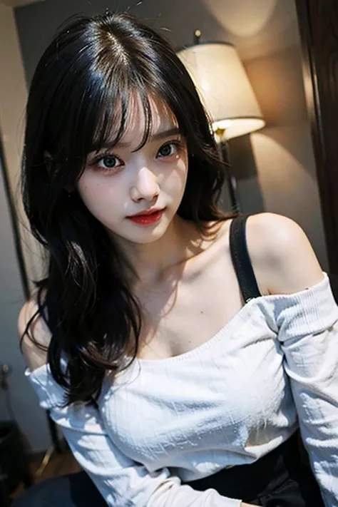 yuyao，Best quality at best，超高分辨率，（actual：1.4），1 girl，Off-shoulder white shirt，Black tight skirt，black hair gray：1），（humongous large breast：1.2），looking at viewert，close up，