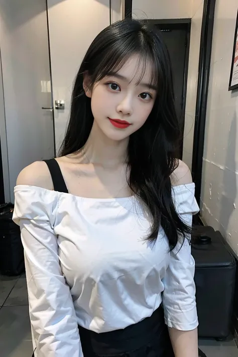 yuyao，Best quality at best，超高分辨率，（actual：1.4），1 girl，Off-shoulder white shirt，Black tight skirt，black hair gray：1），sexy for,（Bigchest：1.2），looking at viewert，close up，