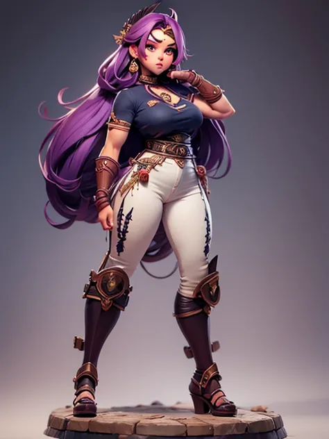 Hermosa Venus de cabello morado ondulado cuerpo firme senos perfectos gabardina camiseta blanca jeans negros botas con catana samurai en su mano