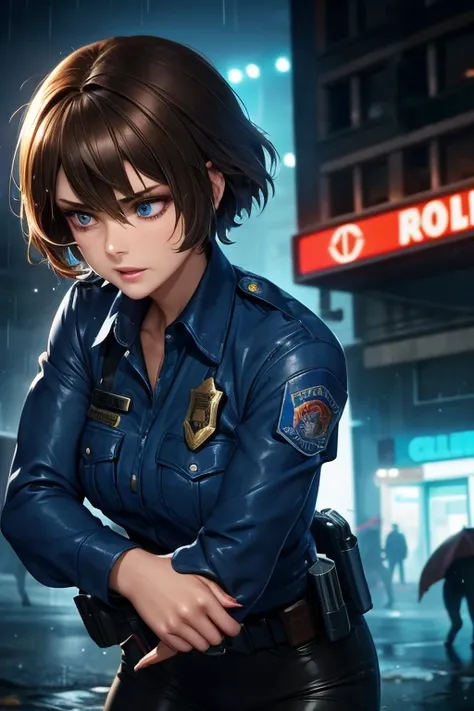 beautiful woman with short brown hair blue eyes torn and torn dirty police uniform running terrified with 9mm pistol in her hand...