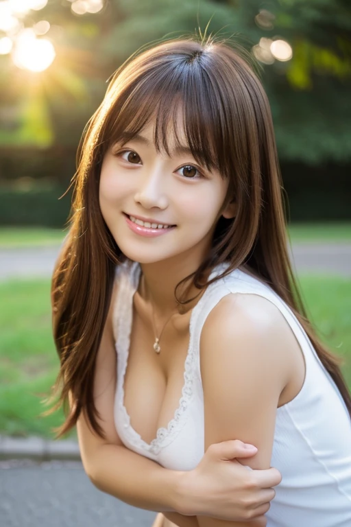 finely detail、hight resolution、hightquality、beautiful and cute eyes、Long brown hair、D Cup Breasts、a smile、Transparent skin、20 years girl、1人でSquatting、masutepiece、Best Quality、finely detail、hight resolution、Squatting、a miniskirt、Gravure Model Pose、a park、Th...