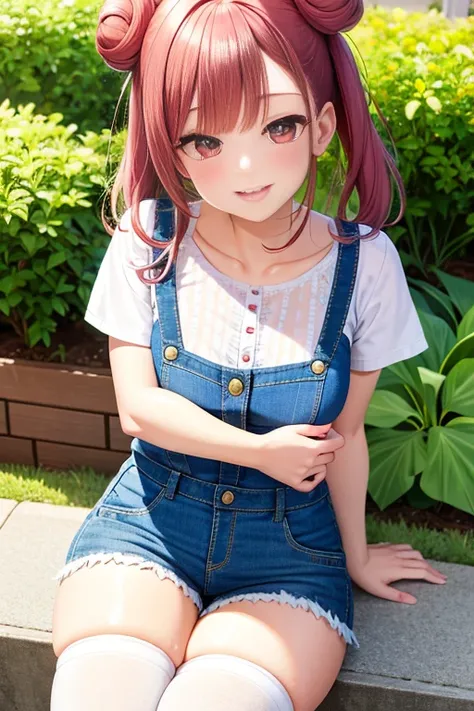 ultra - detailed，tmasterpiece，Best quality at best，love letter，Blushlush，Yazawa Nico,red eyes, Blunt hair, 1female、Camisole denim vest、denim short，Ancient style China、White bun hairstyle， brunette color hair、chubbiness、ssmile、White suspender tights、Tights ...