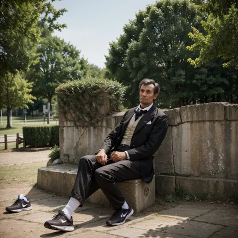 Abraham Lincoln, he wore Nike clothes, Sitting down in front of the Tour Effeil, High quality image