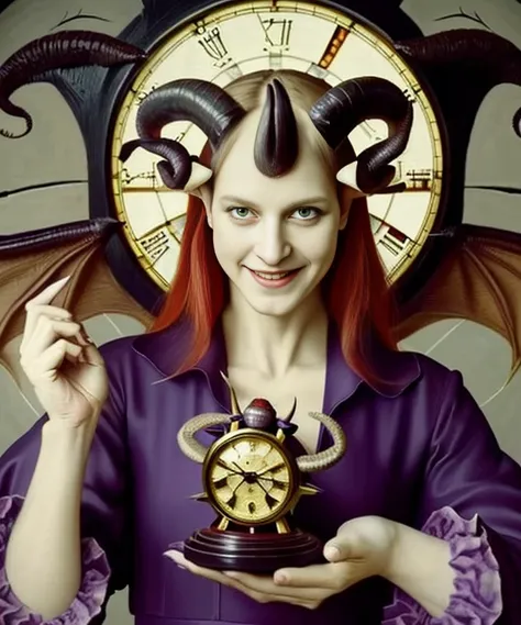 oil painting, beautiful red devil, evil female, (((wearing black-purple tunic, twisted goat horns, large dragon wings))), (((messy hair, small bust))), (((evil smile))), (((holding a clock))), against large clock, highly detailed, realistic shaded perfect ...