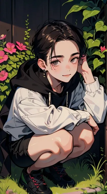 (absurdres, highres, ultra detailed, HDR), masterpiece, best quality, 1boy, solo, handsome, dark brown hair, finely eye and detailed face, forehead, mole under his eye, black oversized hood, (white shorts), sneaker, ear piecing, squatting, plant, flower, b...