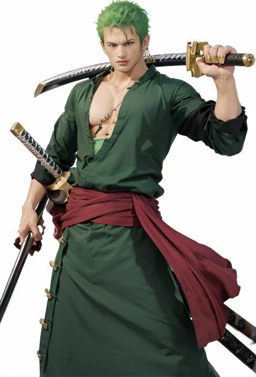 1man, roronoa zoro in anime one piece, short hair , green hair, black eyes, handsome, green clothes, earring, realistic clothes, detail clothes, city background, ultra detail, realistic