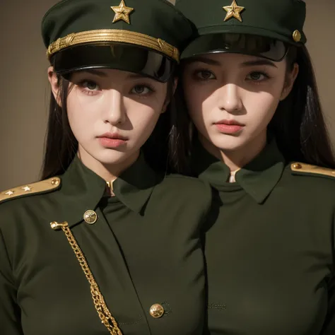 A female soldier wearing a dark green tight-fitting uniform。There is a red star on the hat，She has gold shoulder and collar badges。Highlight the sexy and plump figure of female soldiers，and her determined eyes。