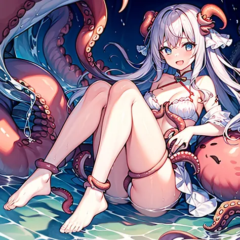 A girl entangled with an octopus monster　In the water　I feel my entire body being caressed by the octopus&#39;s feet.。　Ecstatic look　My whole body is entangled in the octopus&#39; legs.。