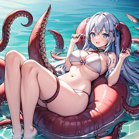 A girl entangled with a gigantic octopus monster　In the water　I feel my entire body being caressed by the octopus&#39;s feet.。　Ecstatic look　My whole body is entangled in the octopus&#39; legs.。