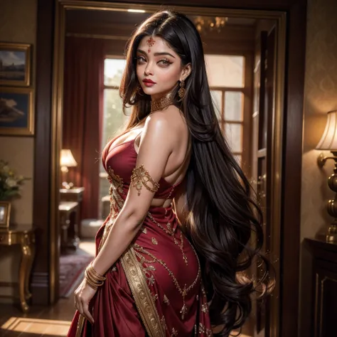 Aishwarya Rai, (8k, 4k, best quality, highres, ultra high res:1.1), (masterpiece, realistic, photo-realistic:1.1), one girl, face, full body shot, red lips, (looking at viewer:2), absurdly long hair, long eyelashes, eyeshadow, small face, big light eyes, f...