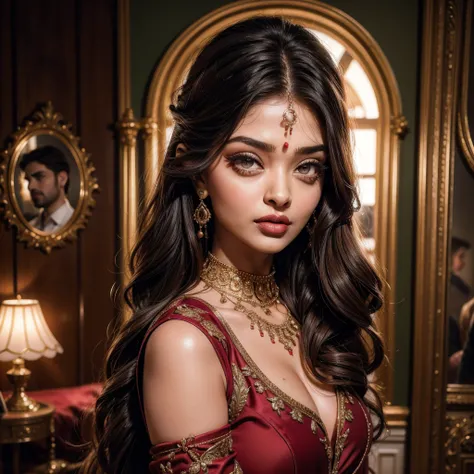 Aishwarya Rai, (8k, 4k, best quality, highres, ultra high res:1.1), (masterpiece, realistic, photo-realistic:1.1), one girl, face, full body shot, red lips, (looking at viewer:2), absurdly long hair, long eyelashes, eyeshadow, small face, big light eyes, f...