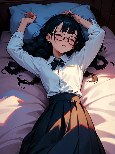 a young cute girl, glasses, braids, black hair, piercing, (lie on own back), sleeping, dress shirt