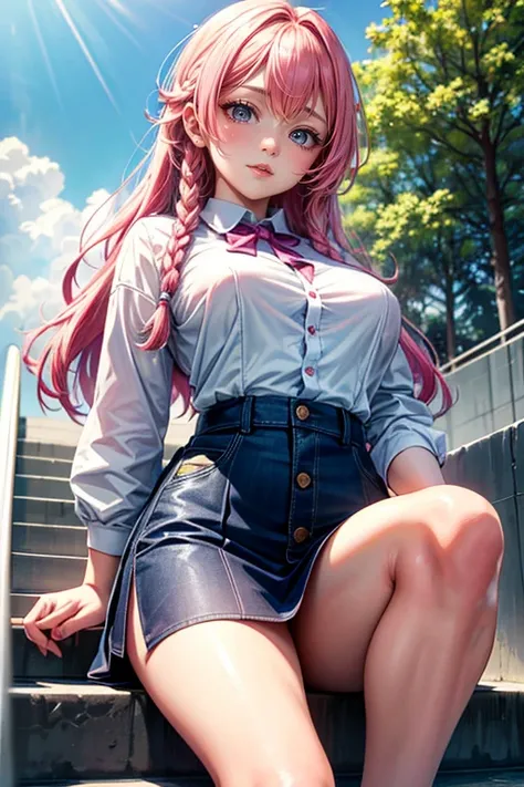 (best quality,4k,8k,highres,masterpiece:1.2),pink hair,short braided hair,beautiful big breasts,girls eyes are beautifully detailed and expressive,girls lips are beautifully detailed,ultra-detailed,realistic,wearing school uniforms,playfully enjoying the m...