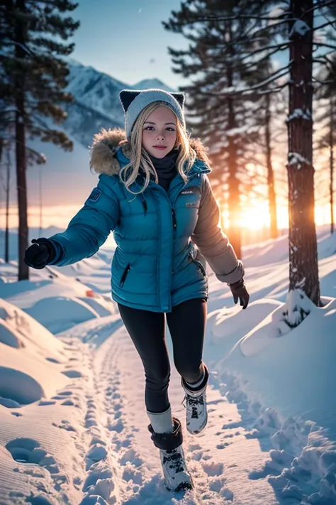 Make a 19 years girl with blue eyes and blonde hair playing on snow. F1.8, snowing, snowflake falling down on her nose, she has fur jacked and warm cap. In background there are snowed white forests and sun shine, sun rise, sweden girl, swede mountain, girl...