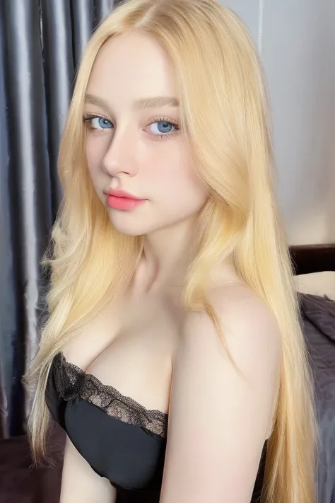 RAW,, Nikon Z 85mm, award-winning glamor photography, ((best quality)), ((masterpiece)), ((realistic)), beautiful russian woman, black lace dress, white skin, 18 years old, ((long blonde hair:1.3)),hazel eyes, perky huge breasts, sitting in the bed, eiffel...