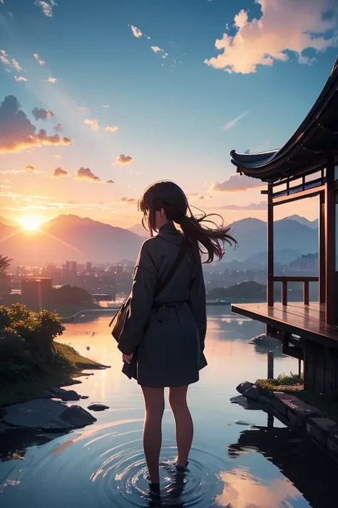 SFW, 1girl in, Solo Focus, POV, Very Wide Shot, landscape, East Asian Architecture, Sunlight, Sunrise, floating, cloud, skyporn, Rain, Water, Full body, Outdoors, Scenery, depth of fields