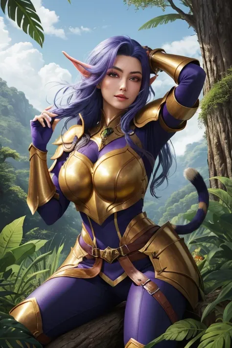 ((best quality)), ((Meisterwerk)), (Detailliert), Perfect face Female night elf with purple skin and blue hair big breasts in gold blue armor riding a large tiger with armor. Scarce armor in the middle of the jungle. Sehr Leicht bekleidet. 
Giant trees. We...