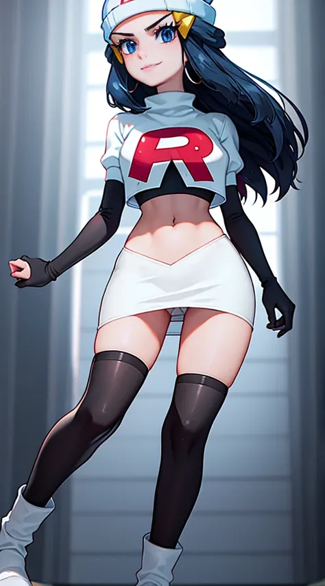 pokemon dawn, black hair, blue eyes, sidelocks, long hair, beanie, glossy lips, light makeup, eye shadow, earrings, team rocket, team rocket uniform, red letter R, white skirt,white crop top,black thigh-high boots, black elbow gloves,evil smile, looking do...