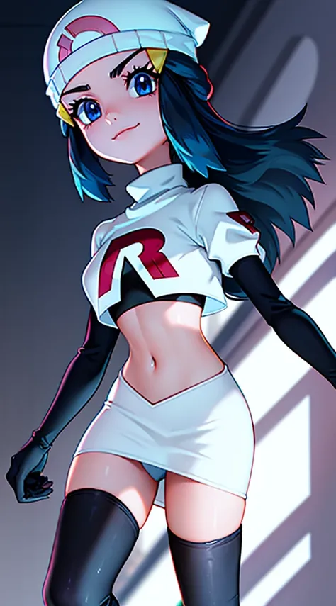 pokemon dawn, black hair, blue eyes, sidelocks, long hair, beanie, glossy lips, light makeup, eye shadow, earrings, team rocket, team rocket uniform, red letter R, white skirt,white crop top,black thigh-high boots, black elbow gloves,evil smile, looking do...