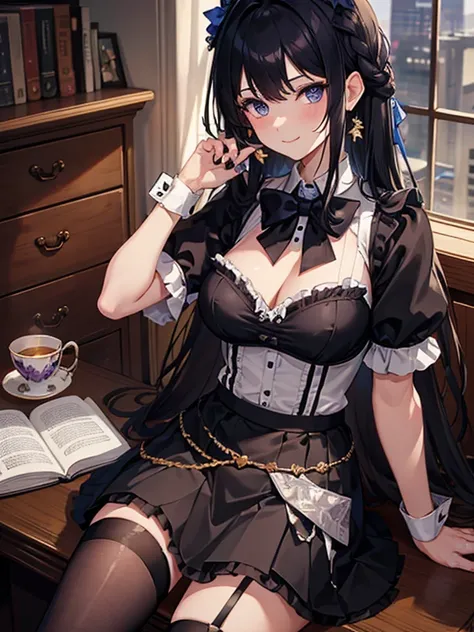 good handsChocolate, 1girl, solo, thighhighs, jewelry, skirt, smile, sitting, black skirt, looking at viewer, breasts, long hair, shirt, earrings, cup, bow, white shirt, black hair, nail polish, bangs, book, black thighhighs, black bow, indoors, teacup, bl...