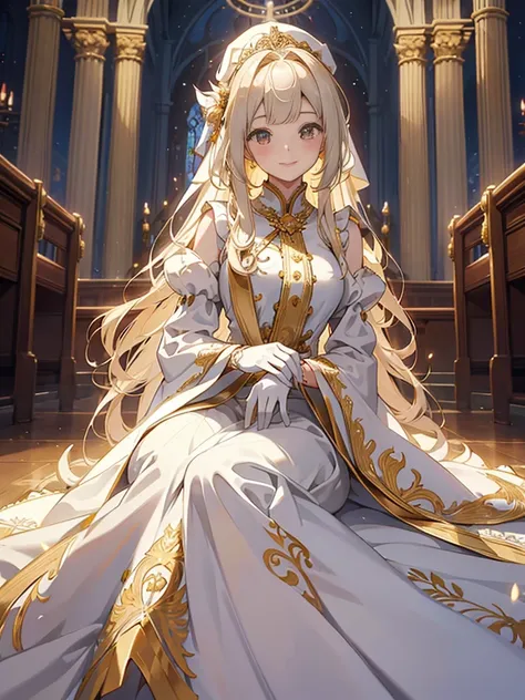 In front of the altar of a majestic church、（blurry backround）、brightened light、golden long hair girl、Classic White Wedding Dresses、（elegant luster）、（Lots of races）、lots of ribbons、((voluminous puff sleeves))、long cuffs with many buttons、golden embroidery、L...