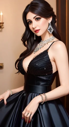 Lebanese lady, diamond dangling earrings, necklace, bracelets, small breasts, 40 years old, smokey eyes, cleavages, red lips, innocent face, random colored fashion ball gown, stylish hairstyle, overskirt, holding her skirt, posing, modeling