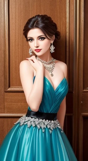 Lebanese lady, diamond dangling earrings, necklace, bracelets, small breasts, 40 years old, smokey eyes, cleavages, red lips, innocent face, random colored fashion ball gown, stylish hairstyle, overskirt, holding her skirt, posing, modeling