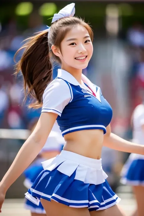 top-quality、​masterpiece、hight resolution、4K、real 18 year old woman、cheer girl、cheerleaders、a miniskirt、a smile、Hairstyle is ponytail、1girl in、