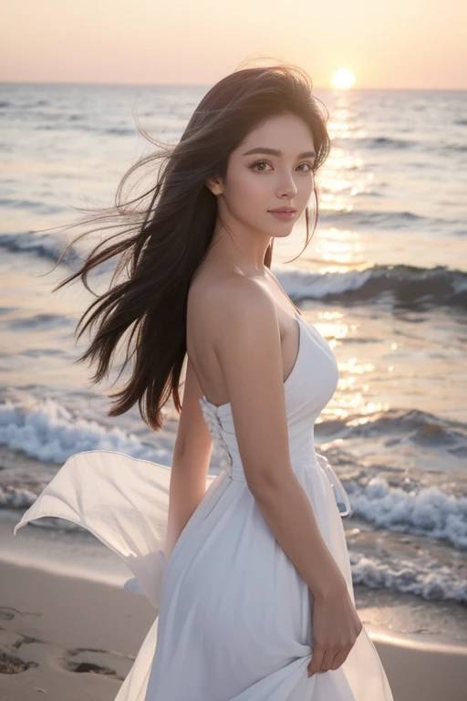 A beauty，plumw，cabelos preto e longos，white dresses，The background is the sea and the sunset