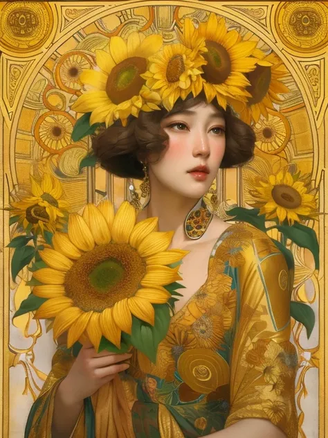 painting of a woman holding a bouquet of sunflowers in front of a golden background, hyperrealistic art nouveau, chie yoshii, andrey remnev, by Yamagata Hiro, mucha klimt and tom bagshaw, inspired by J. C. Leyendecker, inspired by J.C. Leyendecker, inspire...