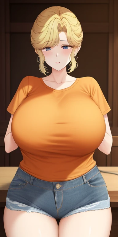 Marim, humongous large breast_, ，，Pubic hair shows through，Permanent, Alone, Denim short group, orange color shirt,, tmasterpiece, Best quality at best, 详细的脸, 詳細な目, A high resolution,