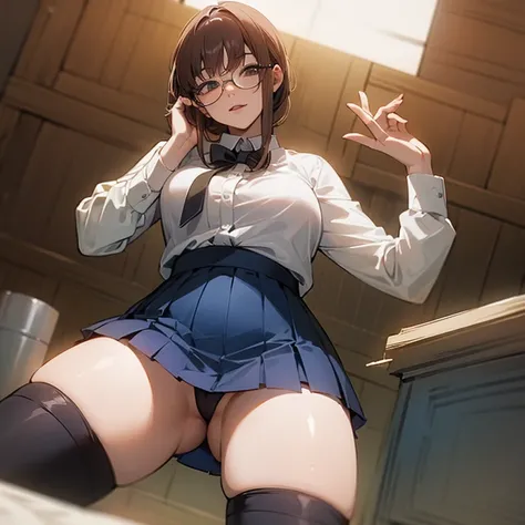 Best Quality, Master piece, mini skirt, stockings, glasses