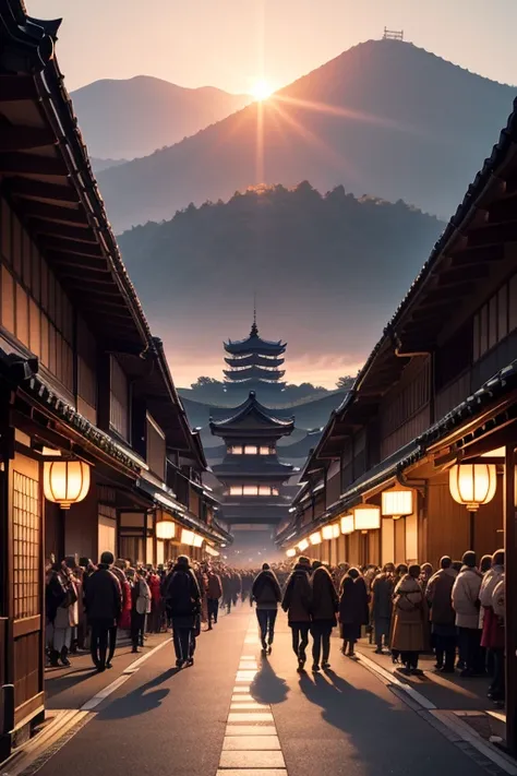 Happy New Year, 2024, kyoto, shrine, crowd, sunrise, best quality, masterpiece, highres, detailed,