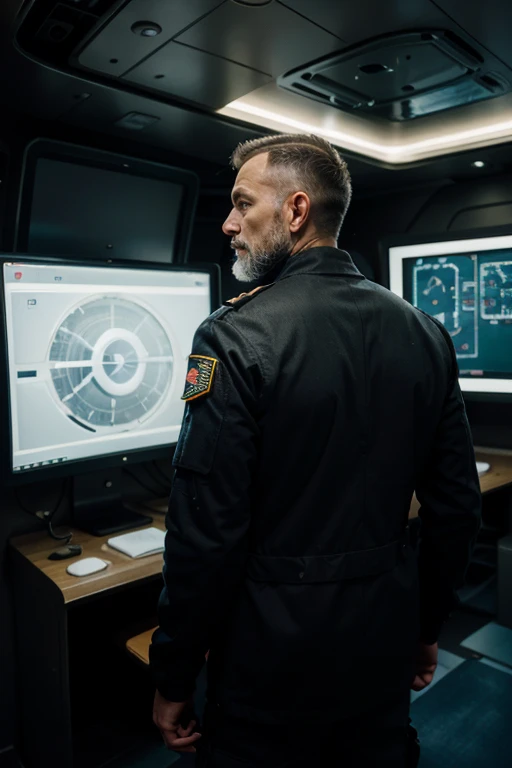 an old male captain in a large futuristic briefing room of a military spaceship, giving orders, 4k, realistic, highly detailed, ...