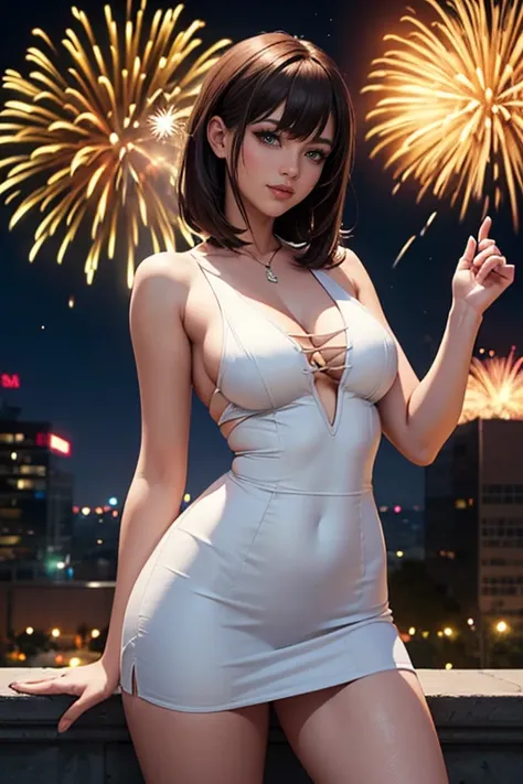 Pose sensual, ((Uma mulher sexy e bonita)), ((A beleza mais fofa de 22 anos)), in the square standing many fireworks, white dress, neckline, white knee-high boots, sorriso encantador, new years eve, Its night, fireworks in the background, festa a noite, mi...