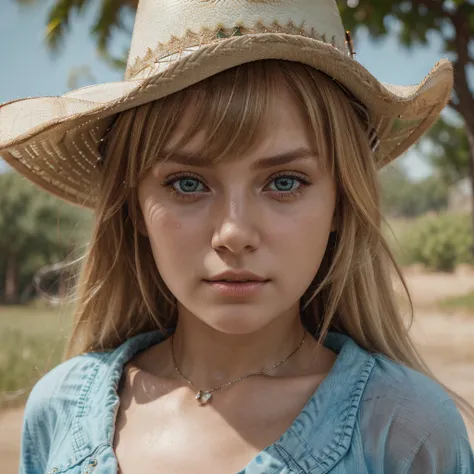 A beautiful cute blonde girl, hair bangs, cowboy hat, cyan eyes, ultra realistic soft skin, extreme detail, high masterpiece, 8k, photography, studio light, ultra realistic lighting, high realistic ray tracing