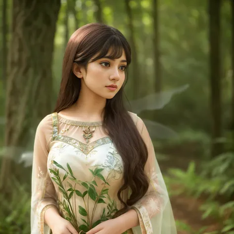 Fantasy forest background for a photograph of a fairy with natural skin, short and voluminous hair, sharp eyes, a thin and upturned nose, shapely lips, an hourglass body shape, translucent wings, typical clothes and makeup, intricately maximalist-detailed,...