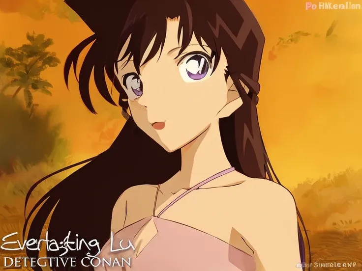 1 girl, female focus on, purple eyes, black long-haired, wearing a pink dress, purple high heels, stand up, smile, detective conan anime, background is an Anggerik flower, best quality, beautifully painted, highly detailed