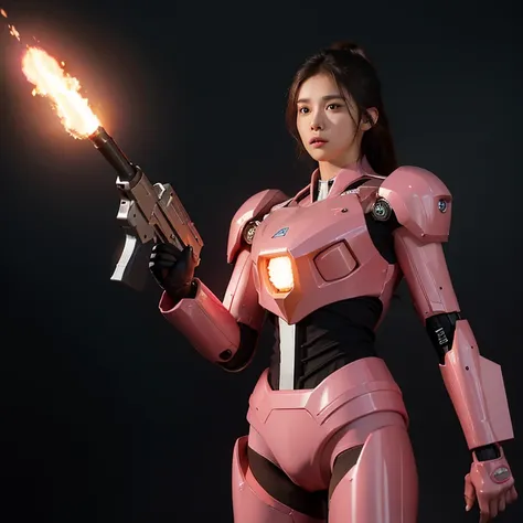 scientific fiction，CG animation，，Power mecha suit，Looks pretty，glowing hairemale: 20 years old，Pink elementeam gun in hand，Heroic