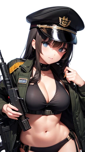 holding an m16 rifle, black military cap, bikini, breast, black military uniform