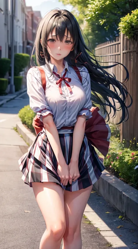 1girl as yukino yukinoshita ,black hair,red ribbons ,((impatient expression)),beautiful breasts,white shirt,red dress,well-style...