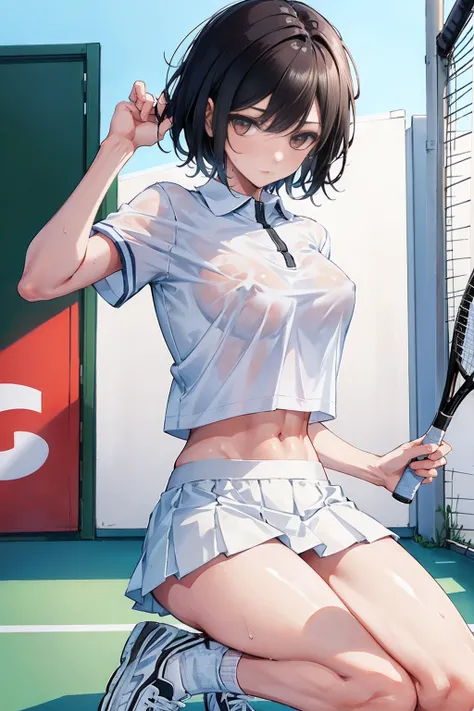 NSFW,Tennis Wear,Squeaky clean,puberty)1girl in,medium chest,abs,big tits thin waist,solo,white polo shirt,white sneakers,tennis wear,white mini skirt,master paint,top quality,boyish Photorealsitic,super detaililliert, ( shiny skin, sweat: 1. 4), looking a...