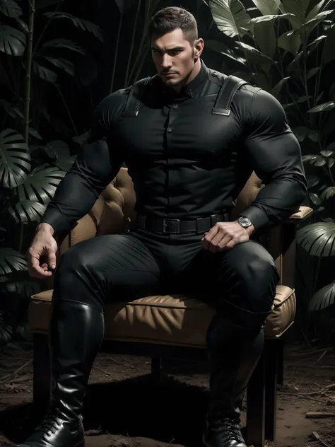 tall giant muscular man sitting in the forest，dark black military uniform，character  design（resident evil - chris redfield，chris...