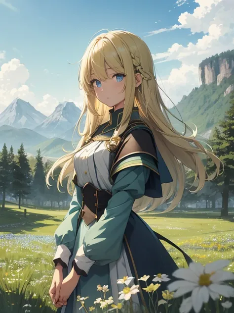 For green meadows、A 17-year-old girl stands leading a group of knights。Her hair is long blonde.。Eyes are blue, Big shining eyes。
break
With a brave look、Guide them to their destination。
break
Behind her is a green forest.、Beyond that is a mountain in the d...